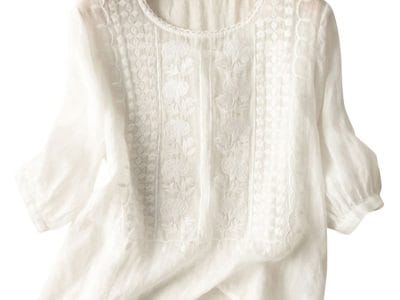 Elegant Shirts Women O Neck Floral Embroidery Blouse 3/4 Sleeve Work Tops Causal Loose Cotton Blusas Femme Tunic