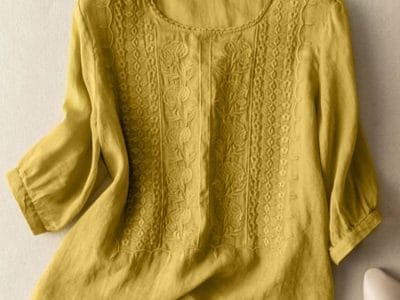 Elegant Shirts Women O Neck Floral Embroidery Blouse 3/4 Sleeve Work Tops Causal Loose Cotton Blusas Femme Tunic