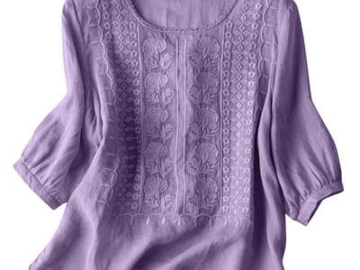 Elegant Shirts Women O Neck Floral Embroidery Blouse 3/4 Sleeve Work Tops Causal Loose Cotton Blusas Femme Tunic