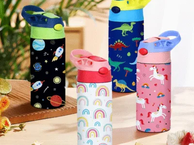 350ml Cartoon Pattern Vacuum Cup Kids Insulated Water Bottle Cute Animal Straw Thermos Mug Handheld Kettle for Outdoor School
