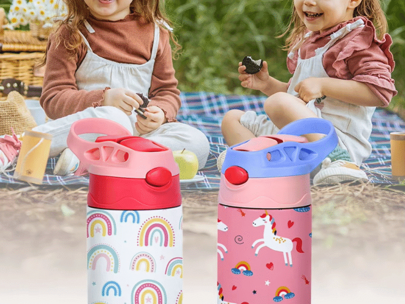 350ml Cartoon Pattern Vacuum Cup Kids Insulated Water Bottle Cute Animal Straw Thermos Mug Handheld Kettle for Outdoor School