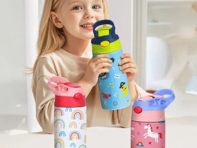 350ml Cartoon Pattern Vacuum Cup Kids Insulated Water Bottle Cute Animal Straw Thermos Mug Handheld Kettle for Outdoor School