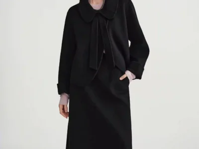 DUSHU Elegant Sets Women Winter Cropped Black Coats Skirt Suit Peter Pan Collar Woolen Jacket Age-reducing Temperament French