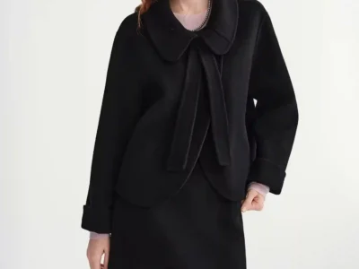 DUSHU Elegant Sets Women Winter Cropped Black Coats Skirt Suit Peter Pan Collar Woolen Jacket Age-reducing Temperament French